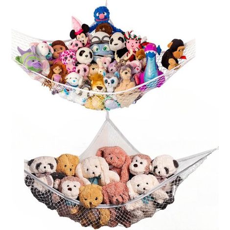 Lot de 2 hamacs de rangement pour jouets d'enfants - Grand hamac en filet pour peluches - Rangement d'angle suspendu - Filet de rangement pour peluches - 178 x 119 x 119 cm - Blanc - Fabriqué en filet (1/5)
