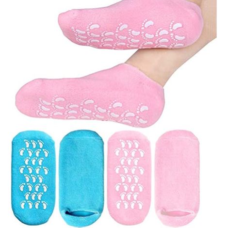 2 paires de chaussettes hydratantes douces, doublure gel infusée d'huiles essentielles et vitamines pour peaux sèches, dures et gercées, soin hydratant jour et nuit (bleu, rose)