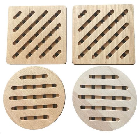 Ensemble de quatre tapis en bois résistants à la chaleur pour plans de travail de cuisine - Résistants à la chaleur (carrés et ronds, 19x19 cm) - Tapis en bois antidérapants et résistants à la chaleur (1/4)