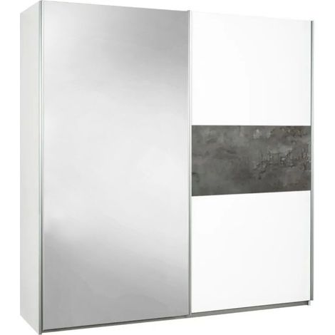 Armoire 2 portes coulissantes blanc laqué avec décor gris oxyde et 1 porte miroir - MARIANE (1/4)