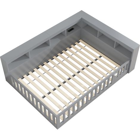 Lit banquette 140 x 190 cm gris avec rangement, prises USB et lattes (1/5)