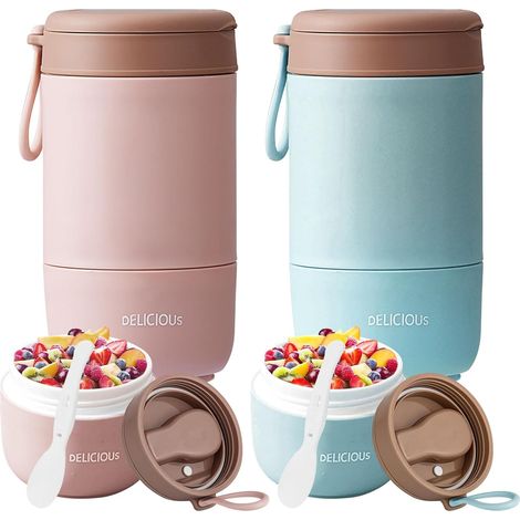 Lot de 2 gobelets à céréales à emporter, en polypropylène, avec couvercle, pour yaourt, yaourt à emporter, 780 ml, muesli Cup to Go, double couche, anti-fuite, parfaits pour le travail, l'école (1/5)