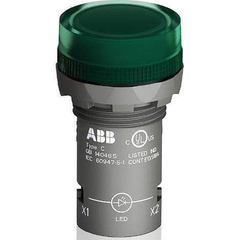 Voyant lumineux LED ABB Vert 230 V c.a., Ø découpe 22mm, Montage panneau, IP66, IP67, IP69K ( Prix pour 1 )