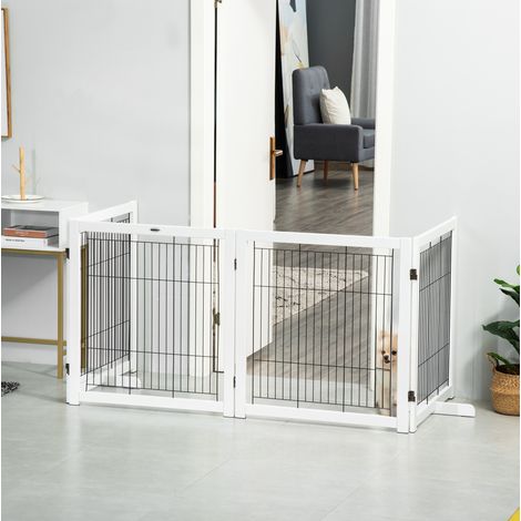 Barriera di sicurezza pieghevole per cani 4 pannelli in legno e acciaio 305 x 35,5 x 82 cm OKMYHOME (1/5)