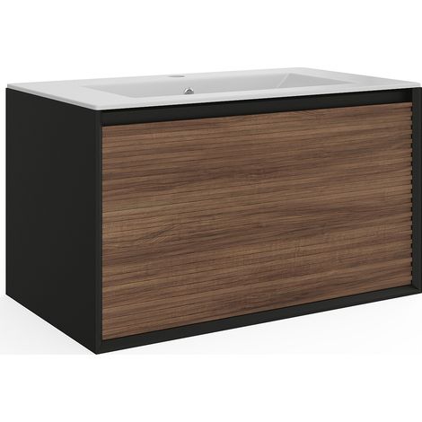 Meuble de salle de bain suspendu strié avec vasque à encastrer - Coloris naturel foncé et noir - 80 cm - BANIVA