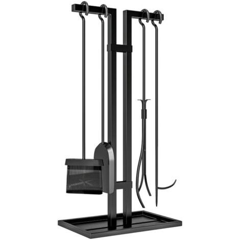 royaluxe -Ensemble Serviteur Cheminée 5 Pièces Balai Pelle Pince Tisonnier Support Métal Noir (1/4)
