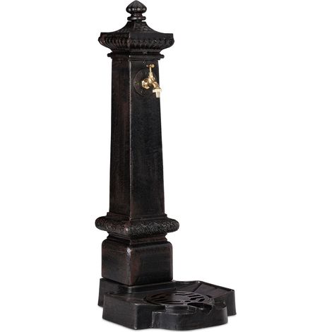 Relaxdays XXL Freestanding Water Fountain, Antique Look, Column with Faucet & Basin, 100 x 38 x 47 cm, Dark Brown (1/5)