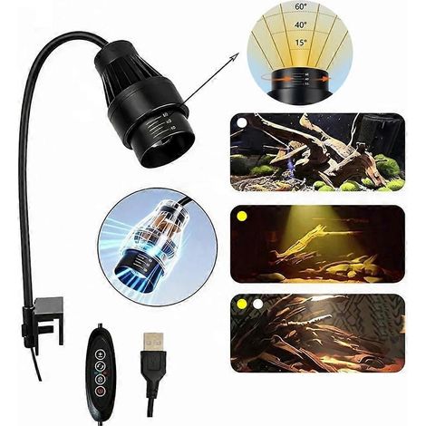 Projecteur LED pour aquarium, mise au point réglable de 15° à 60°, minuterie à cycle tricolore, avec ventilateur de refroidissement, conception à clip USB, convient aux aquariums, 16W. (1/5)