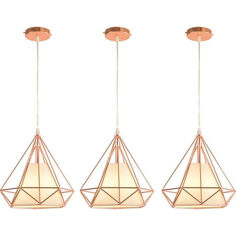 Pendant Light Fixtting, Industrial Metal Diamond Chandelier, Hanging Ceiling Lamp with Cage Lampshade E27 for Bedroom Living Room (Rose Gold 3PCS (1/4)