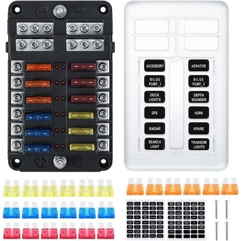 12-Way Teardrop Fuse Box, Fuse Box with 24 Fuses, 12 LED Indicators, Protective Cover for Car, Boat, Camper Van (1/4)