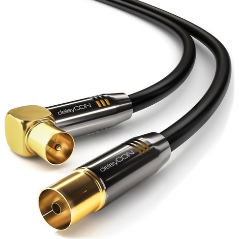 1,5m Câble D’antenne TV 4K Coaxial - 4K Ultra HD Full HD HDTV - 1x Fiche IEC Coudée 90° vers Prise IEC Droite - TV Radio DVB-T2, Connecteurs Métalliques - Noir (1/5)