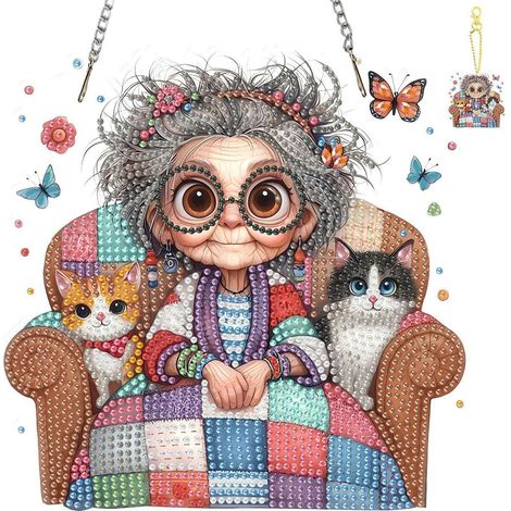 Diamant Painting Fensterbild Oma mit Katzen, Bastelset mit Kette, Anhänger für Schlüssel & Wand