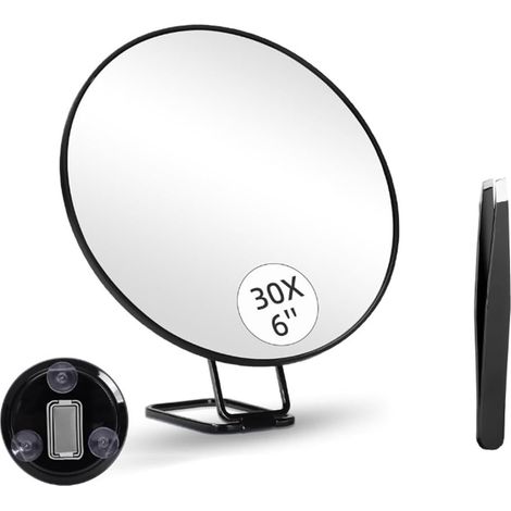 Miroir grossissant x30 avec support et pince à épiler - Miroir de maquillage grossissant avec 3 ventouses pour le toilettage et les voyages (1/5)
