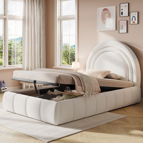 BATDTECH - Cama infantil 90x200 cm, Cama individual con somier, Cabecero acolchado de 10 cm con almacenaje hidráulico, Tapizado en bouclé beige, sin colchón