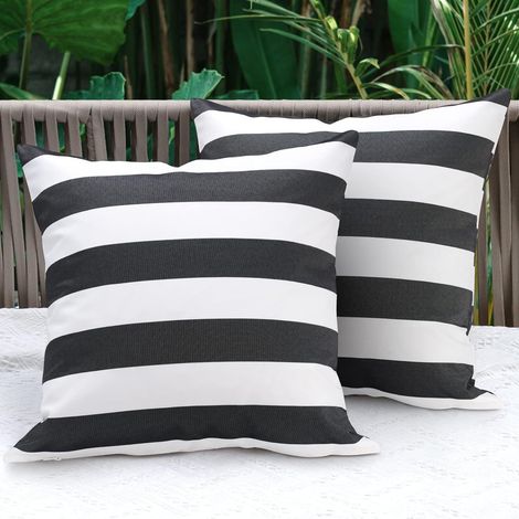 Lot de 2 housses de coussin d'extérieur imperméables 45x45cm : taies d'oreiller carrées à rayures pour terrasse, balcon, villa et jardin, noir/gris et blanc (1/5)