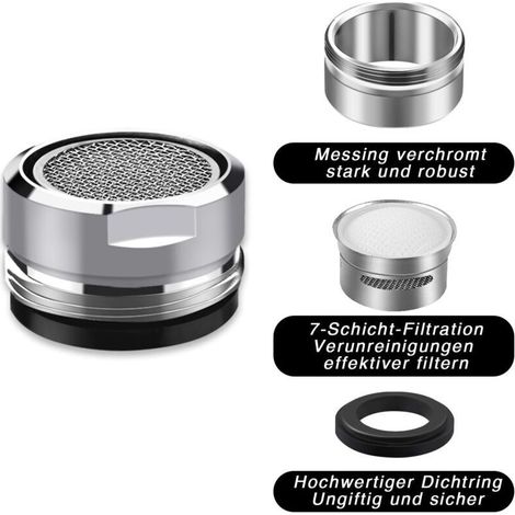 Aérateur de robinet M24, kit de 6 pièces, aérateur économe en eau avec filtre en acier inoxydable et ABS, comprenant 6 joints et 1 clé d'aérateur chromée pour robinets de salle de bain et de cuisine – (1/5)