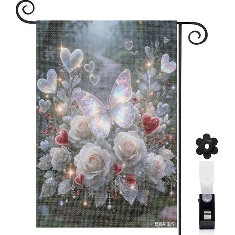 Drapeau de jardin bienvenue 30 x 45 cm motif papillon et fleurs blanches toile double face pour extérieur (1/5)