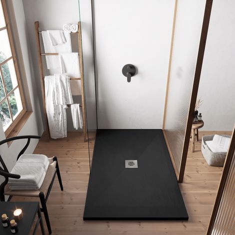 Receveur de douche 90x110 cm extra plat DEXA en résine surface ardoisée noir Grille inox (1/5)