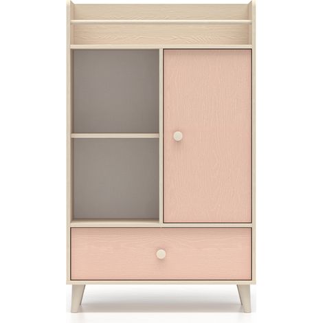 Bücherregal Alycia mit 1 Schublade und 1 Tür, Beige - Korallenrosa - Holzoptikeffekt, 132cm