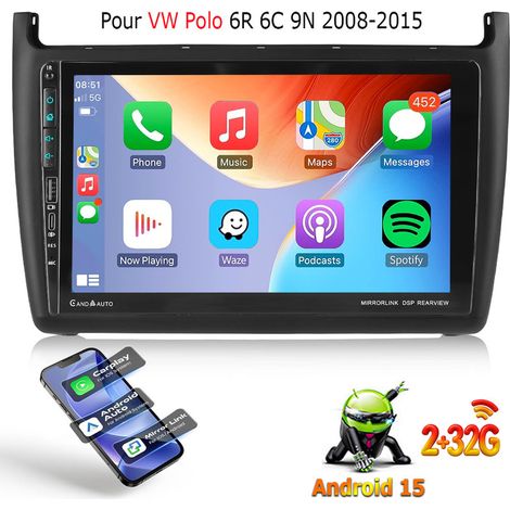 Autoradio 9" Carplay Android 15 avec GPS, Bluetooth 4.1, Wi-Fi et port USB Type-C pour VW Polo 6R 6C (2009-2017) - 2+32G
