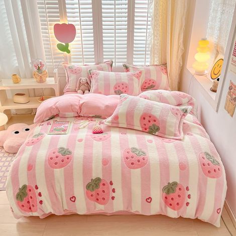 Parure de lit Mignonne à Motif de Fraise Rose pour Enfants Housse de Couette réversible Douce et Moelleuse Motif Flocon de Neige décoration de Chambre Fraise lit Simple (1/5)