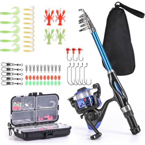 Grid Cool – Kit de pêche complet – Canne télescopique 1,5m – Moulinet 5,2:1 – 15 leurres et sac de rangement – Pour pêche en eau douce (1/5)