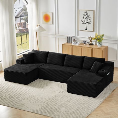 Canapé modulable 339 cm d'angle en U,canapé 6 places avec porte gobelet et poche latérale,canapé à compression sans structure,velours côtelé,Noir