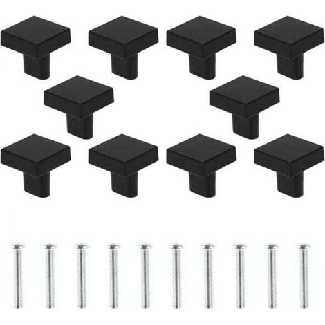 Set of 10 Square Door Knobs, Zinc Alloy Furniture Handles with Screws for Cabinet, Drawer, Dresser - Black (1/4)