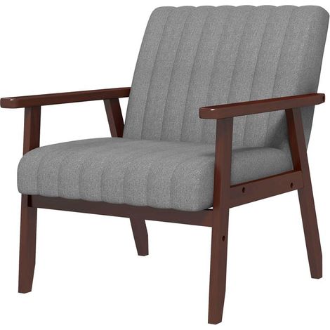 POLTRONCINA DA CAMERA MODERNA IMBOTTITA IN TESSUTO E LEGNO CON CUCITURE TUBOLARI. GRIGIO (1/5)