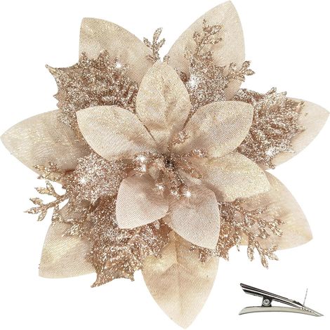 Fleur De Noel - Fleur Artificielle Pailletée Avec Clip - Pour Sapin Guirlande Couronne - Champagne - 20 Pièces