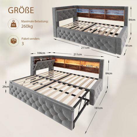 Canapé-lit extensible 90 x 190 cm, velours gris, avec accoudoirs de rangement, tête de lit en bois avec étagère, éclairage LED, ports USB et Type-C, sommier à lattes, idéal pour le salon et la chambre (1/4)