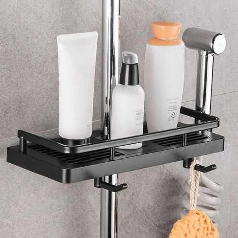 Estante para ducha, jabonera para ducha, almacenamiento para baño, no requiere perforación, con jabonera, ganchos y toallero de pared, inoxidable, autoadhesivo, negro, juego de 1 (1/5)