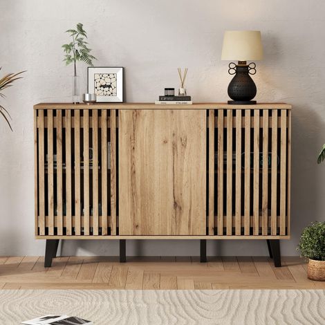 Buffet bas de rangement 150x40x95cm,Grand bahut pour salon chambre et entrée, Meuble en bois scandinave avec 3 portes et 6 compartiments,Bois Naturel (1/5)