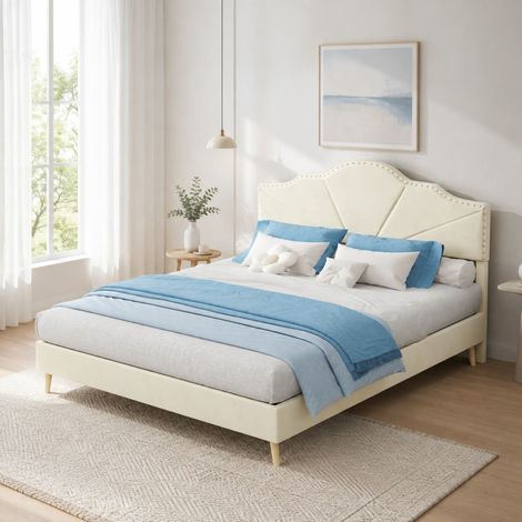Letto 140x200 con rete a doghe e testiera imbottita beige DESVIAE (1/5)
