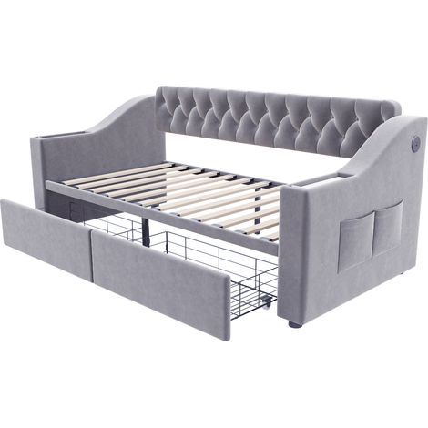 Letto divano capitonné 90 x 190 cm in velluto grigio chiaro con USB e vani (1/5)