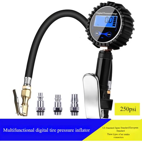 250PSI Digital LCD Display Inflator Monitor Pressure Gauge Car US/EU Standard Tire Pressure Inflation Meter LED Backlight with Hose And Quick Connect Plug, Suitable for Trucks Cars And Motorcycles (1/5)