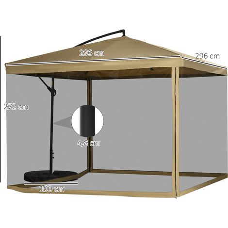Parasol porte-à-faux 296x296 cm maille latérale inclinable,poids inclus pour terrasse balcon et espace marché.