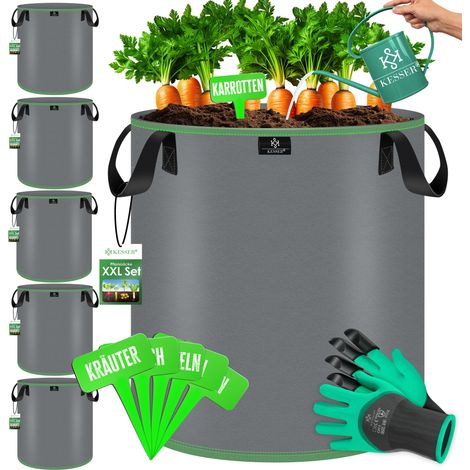 KESSER® Pflanzsack 27 Liter - 5er Set aus Vlies mit Namensschildern, Sichtfenster & Griffen – ideal für Gemüse, Blumen & Obst  - Grau