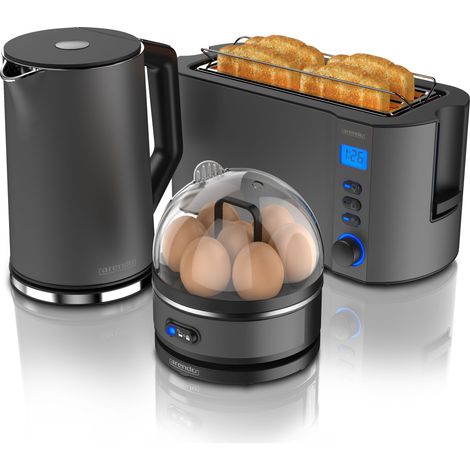 Arendo - SET Toaster MANHA mit Eierkocher SEVENCOOK Edelstahl Grau, Toaster 4 Scheiben, LED-Display, 6 Bräunungsgrade, Brötchenhalter - Eierkocher 1-7 (1/5)