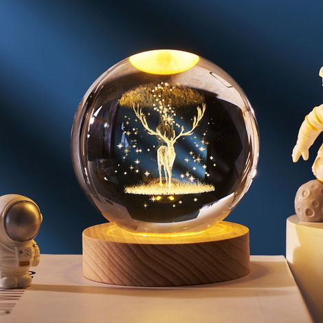 Boule de Cristal 3D Gravure Laser Interne, Veilleuse Astrale Planétaire & Animaux, Décoration de Table LED pour Cadeau d'Anniversaire,Décoration maison,Veilleuse astrale,8cm (Deer)