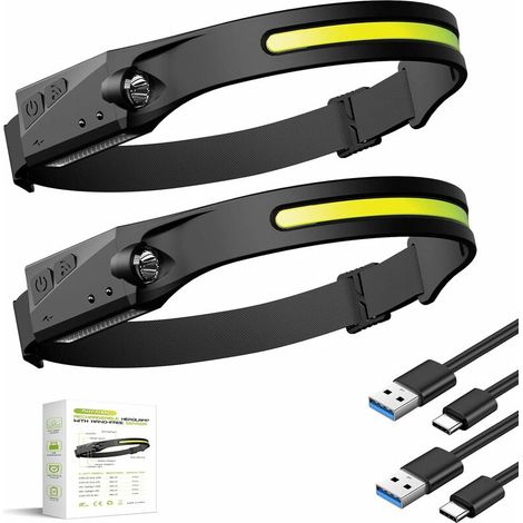 2pcs LED Head Torch Rechargeable, LED Headlamp Running Head Torch Headlight with Motion Sensor Water-Resistant Lightweight Head Flashlight for Running Cycling Camping Dog Walking Fishing Hiking (1/5)