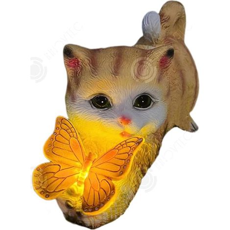 1 pièce Lampe solaire en résine, chaton avec papillon, décoration lumineuse d'extérieur pour jardin, cour et balcon