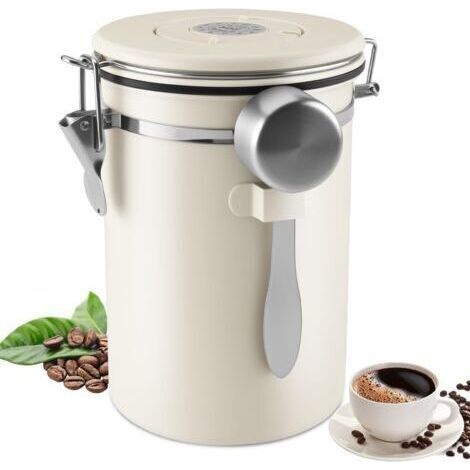 Boite a Cafe Hermetique En Acier Inoxydable, 1,8 L Boîte à Café étanche à l'air Avec Suivi De La Date et Bouilloire De Mesure Pour La Farine, Les Haricots, Le Thé (Blanc) (1/5)