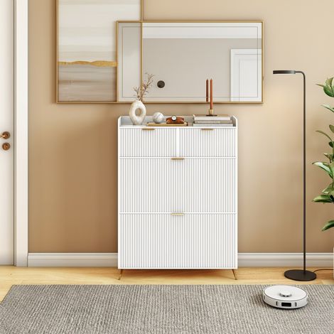 Scarpiera 80x24x110 cm con 2 ante a ribalta e 2 cassetti, grande capacità, mobile in legno, bianco (1/5)