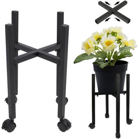 Support de Pots de Fleurs en Métal, Réglable et Amovible avec Roulettes, Style Moderne pour Jardin, Terrasse, Balcon ou Bureau (Noir) (1/5)