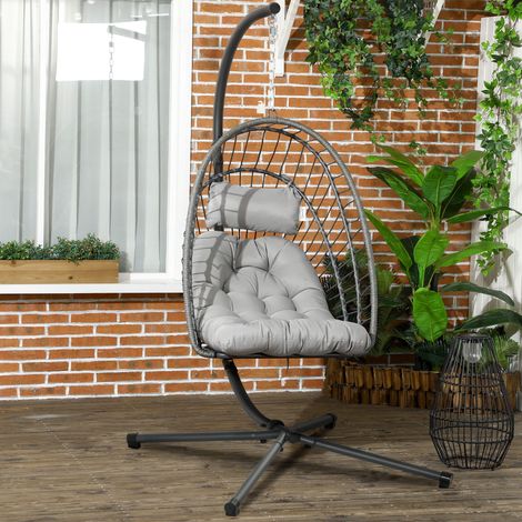 Hängesessel aus PE-Rattan mit Kissen, Klappsitz und Stahlrahmen, Grau
