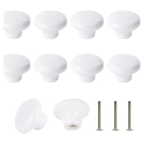 Lot de 10 Bouton En Céramique Blanc, Céramique Poignée Porte, Rétro Rond En Céramique Armoire Tiroir Cuisine Poignée De Traction 32mm Avec 3 tailles de vis (1/5)