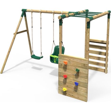 Rebo Wooden Children's Garden Swing Set with Monkey Bars - Double Swing - Luna Green (1/5)