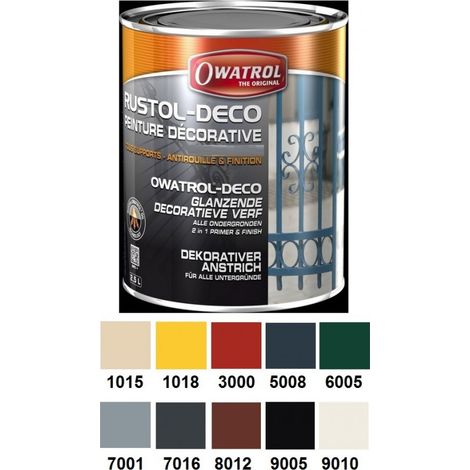 Peinture antirouille satin au RAL décorative 2,5L multi supports Rustol Deco OWATROL - RAL: 6005 Vert mousse (1/2)
