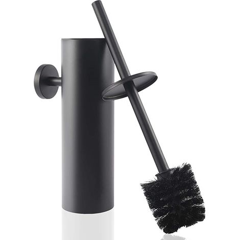 Brosse WC avec brosse de rechange et colle, brosse WC et récipient en acier inoxydable, fixation murale et support avec couvercle, accessoires de salle de bain à long manche, noir mat (1/3)